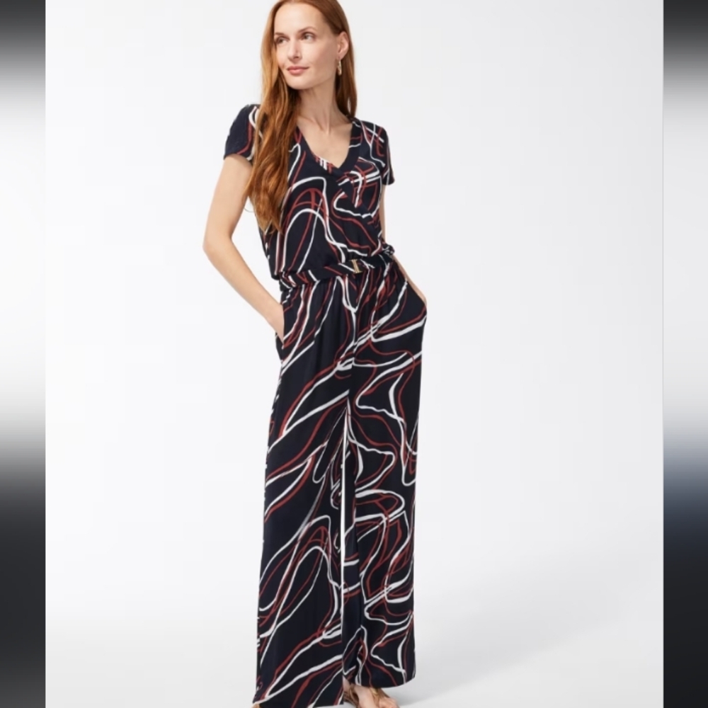 Chico's | Women's Navy, Brown, and White Abstract Print Jumpsuit EUC
